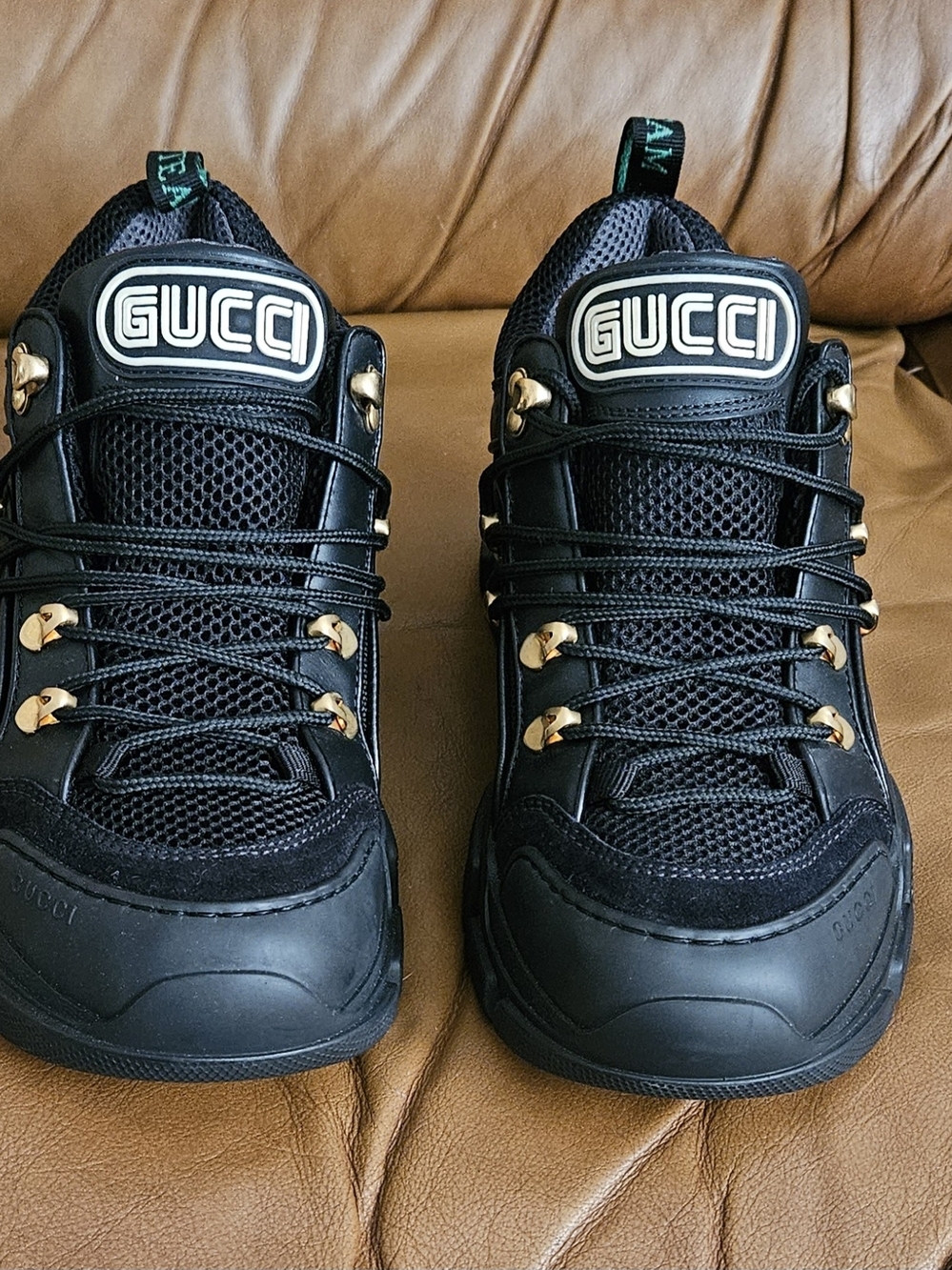 New Men's Gucci Flashtrek Black Leather Chunky Lace-Up Sneakers Size 6 - Picture 8 of 16